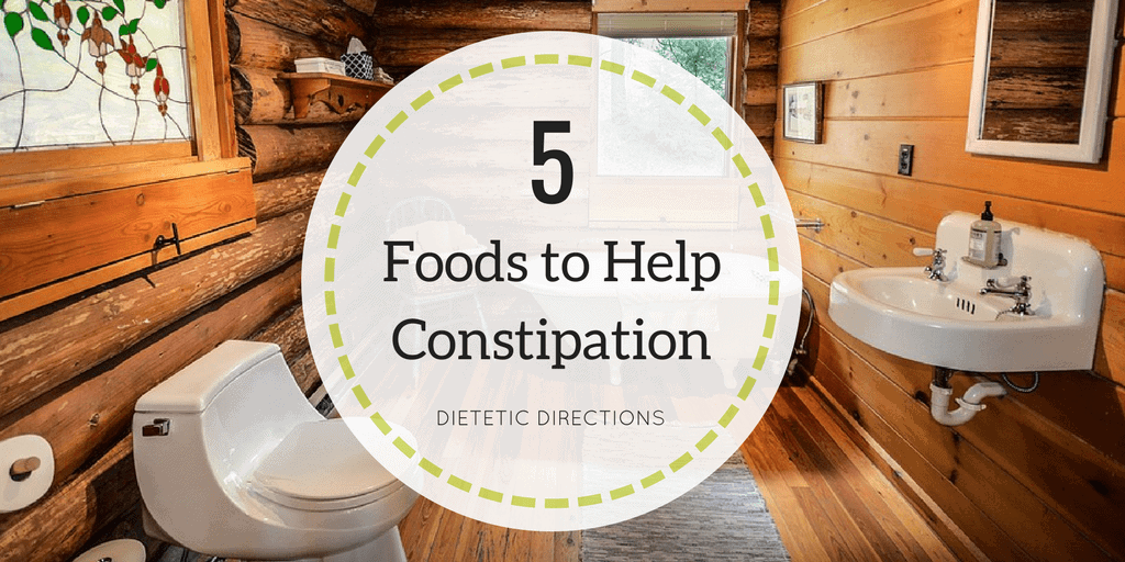 List of 5 foods to help relieve constipation, shown in a cozy wooden bathroom setting.