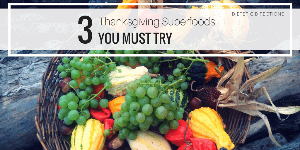 Assorted fresh vegetables and fruits in a basket for Thanksgiving superfoods.