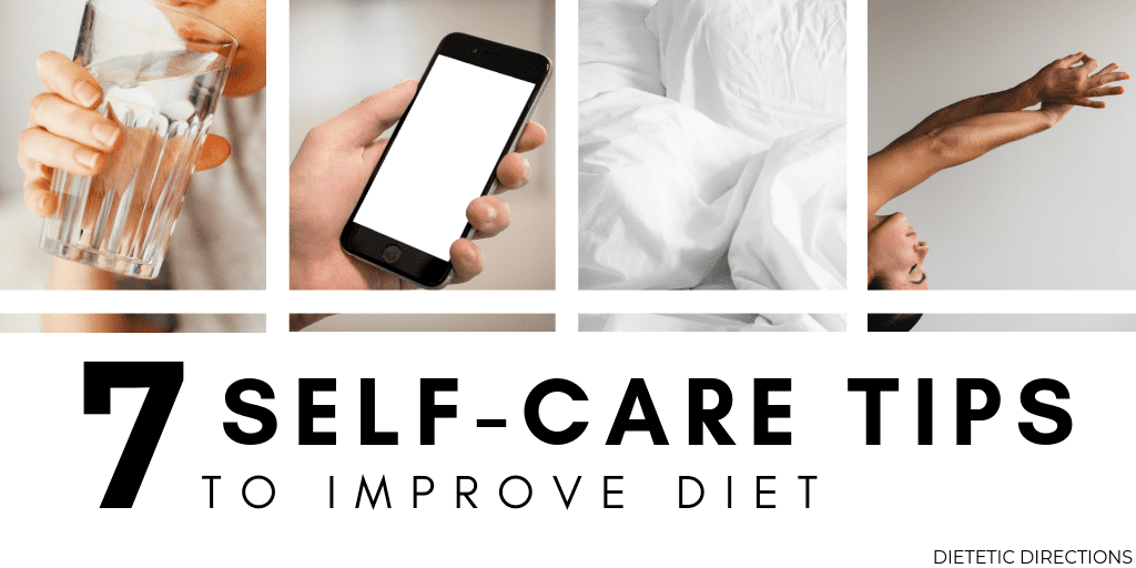 Images of hydration, phone, rest, and stretching supporting self-care tips.