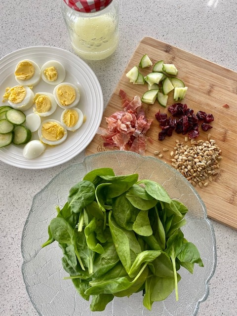 Prosciutto, Egg & Craisin Spinach Salad 