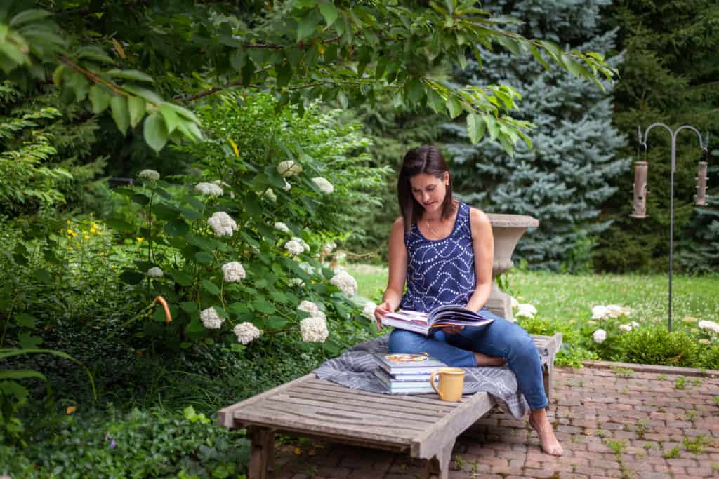 Andrea garden reading coffee