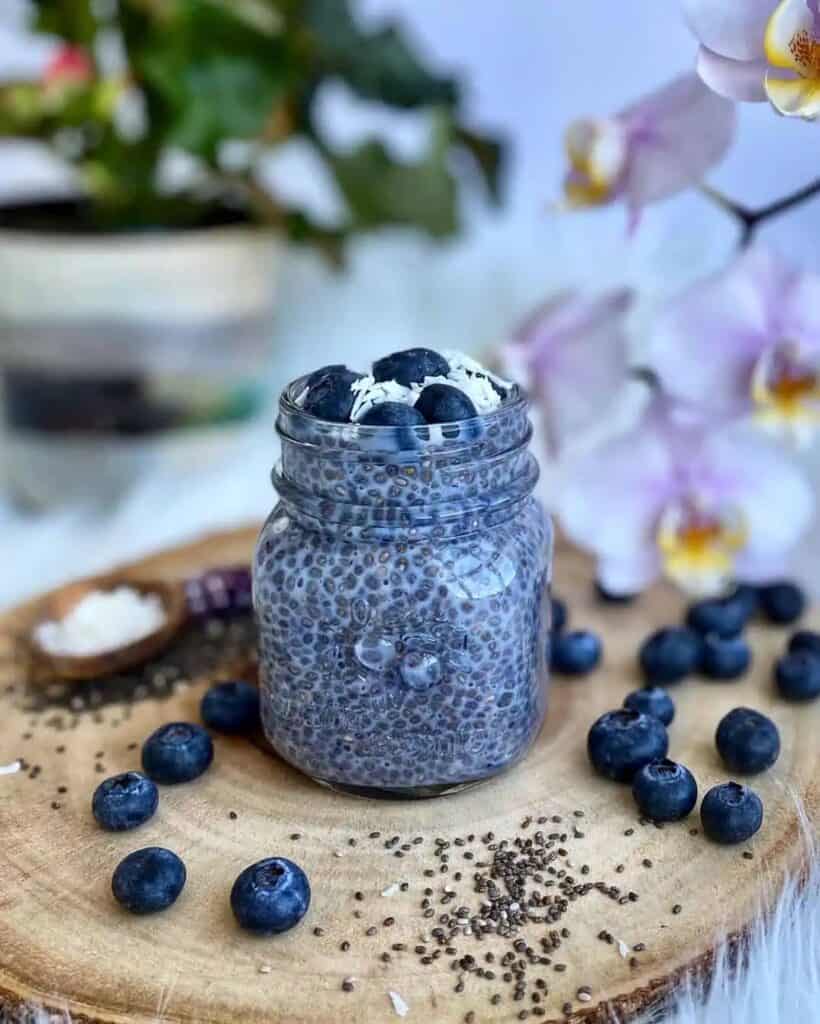 Healthy blueberry chia pudding with fresh blueberries and chia seeds in a glass jar. gluten-free snacks