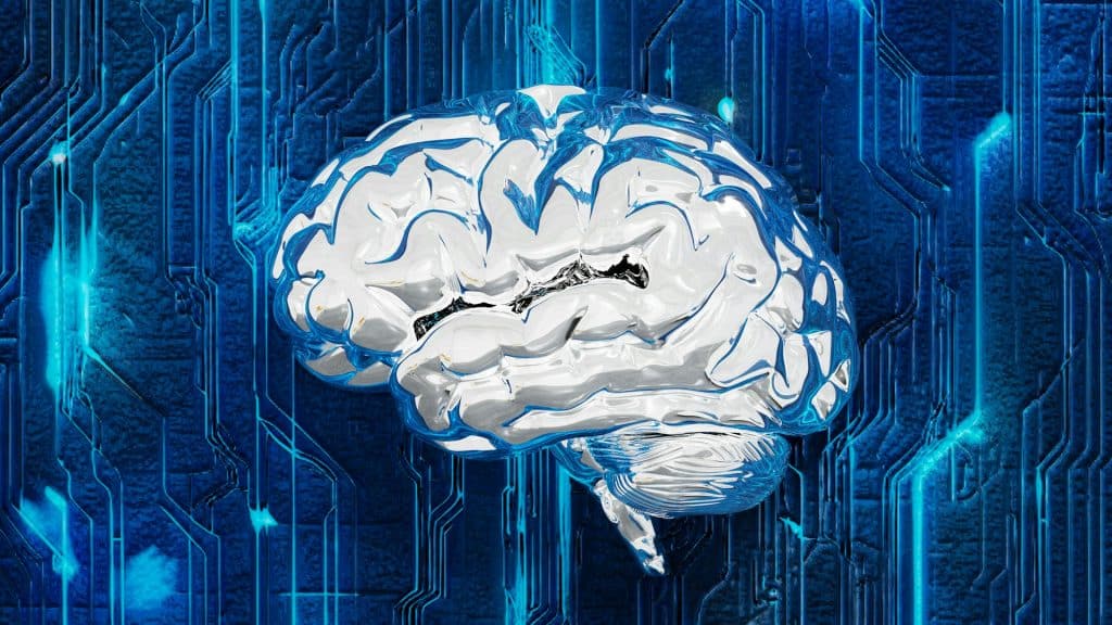 Digital illustration of a brain connected to technological circuits, symbolizing mental health and i.